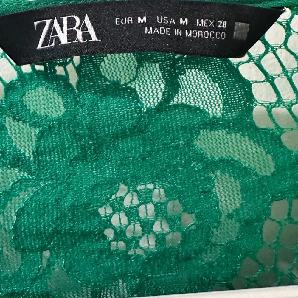 Zara Emerald Green Floral Lace Puff Sleeve Blouse EUC Fairycore Romantic EUC M